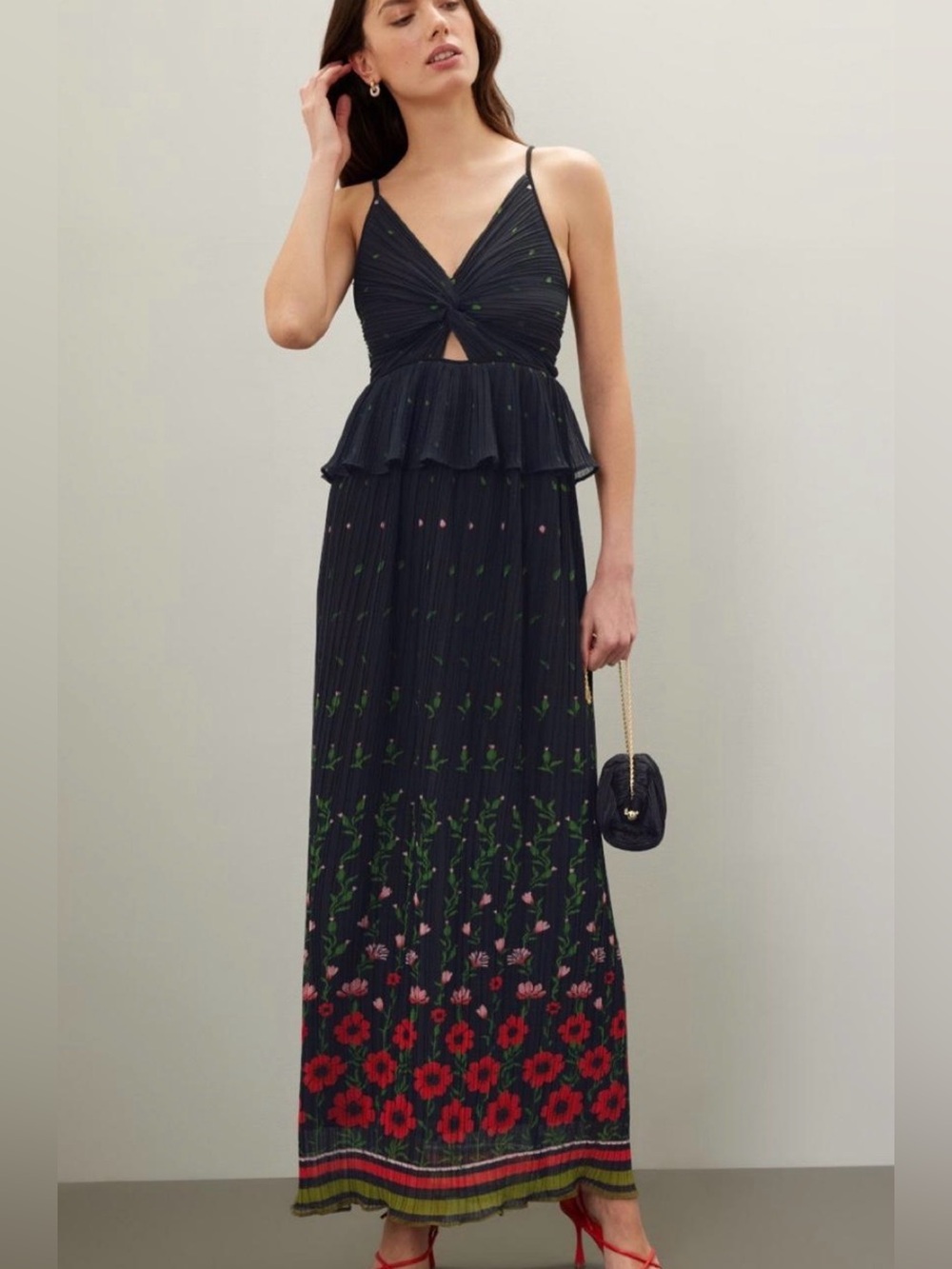 Sabina Musayev Black Selena Maxi Dress with Red Floral Border Pleated Skirt